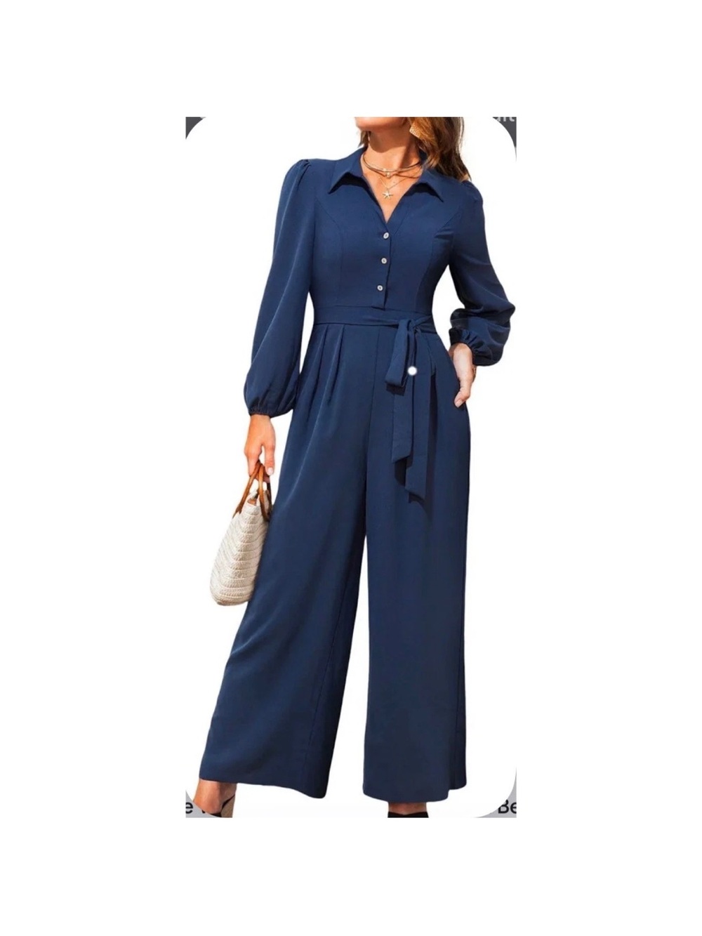 Cupshe Navy Long-Sleeve Belted Wide-Leg Jumpsuit